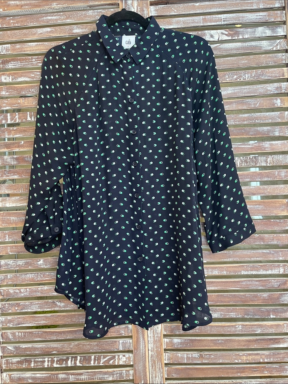 CAbi Black Button-Down Shirt with Green Dot Pattern